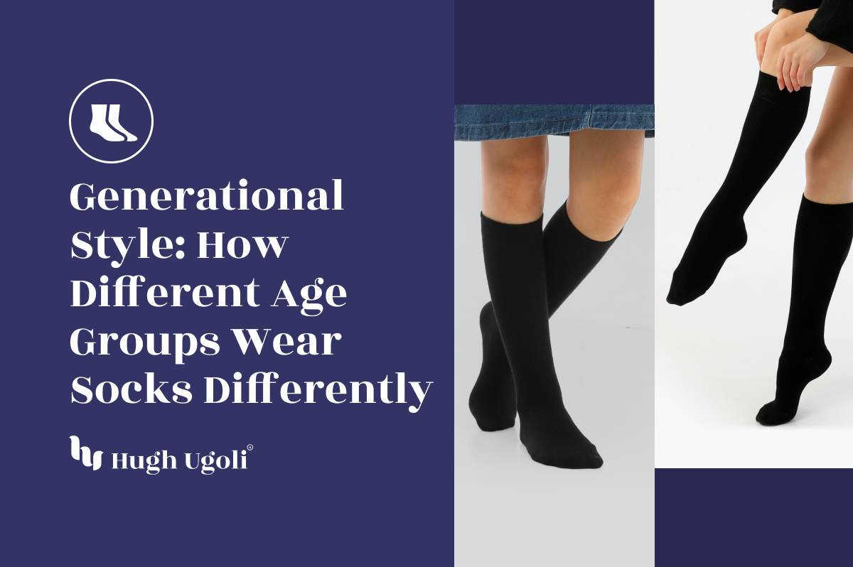Black knee-high socks worn by a person on a white background, with text about generational style and Hugh Ugolf branding.